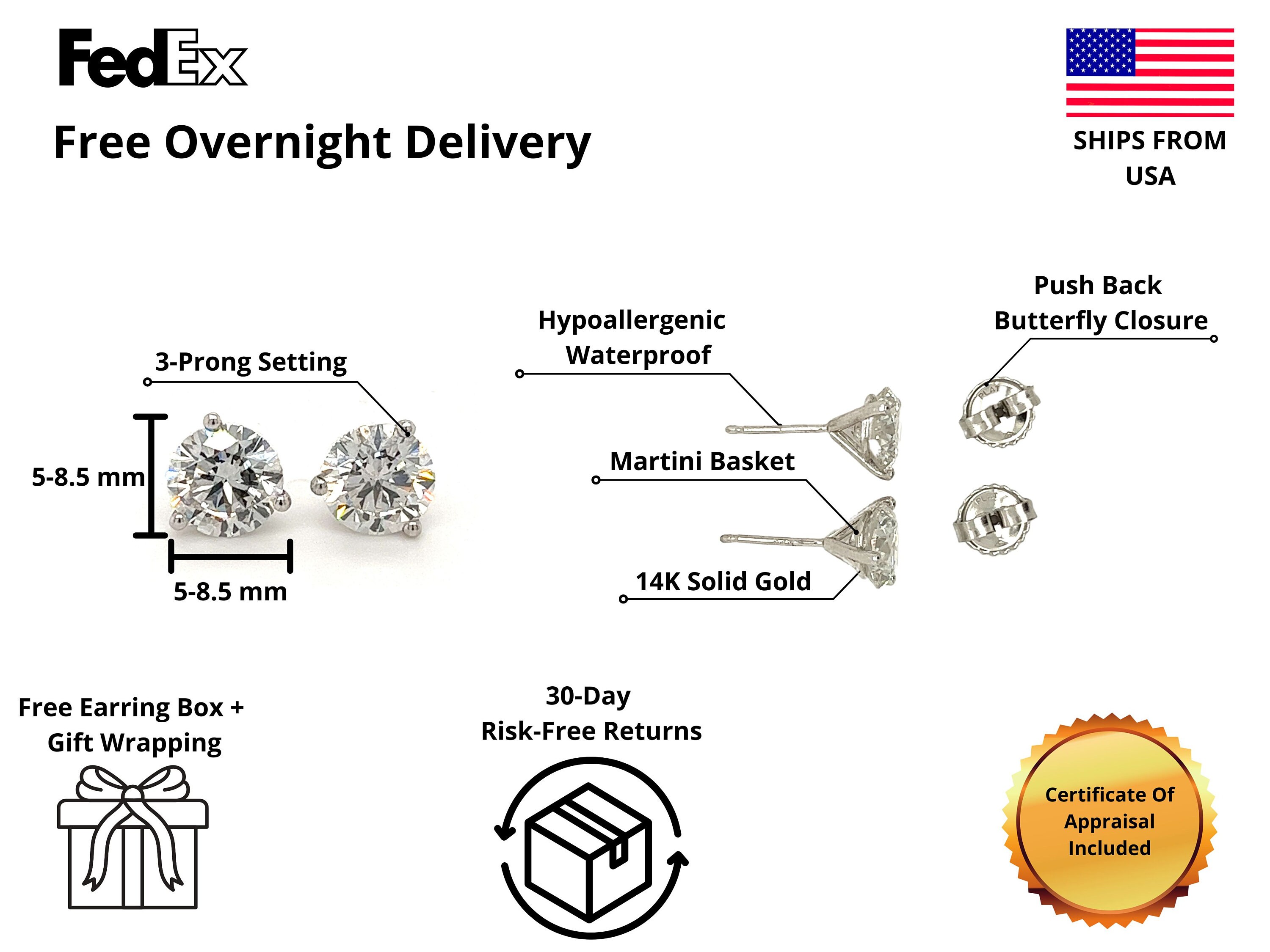 Boucles D'oreilles Stud Rondes - Or Blanc 14K - Simili Diamant 3 Carats - Fermoir Push Back