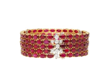 Natural Oval Cut Ruby 5-Row Multi Link Tennis Bracelet in 18K Gold, 72.51 Carat Oval Cut Ruby with Diamond in 18K Gold Wide Tennis Bracelet