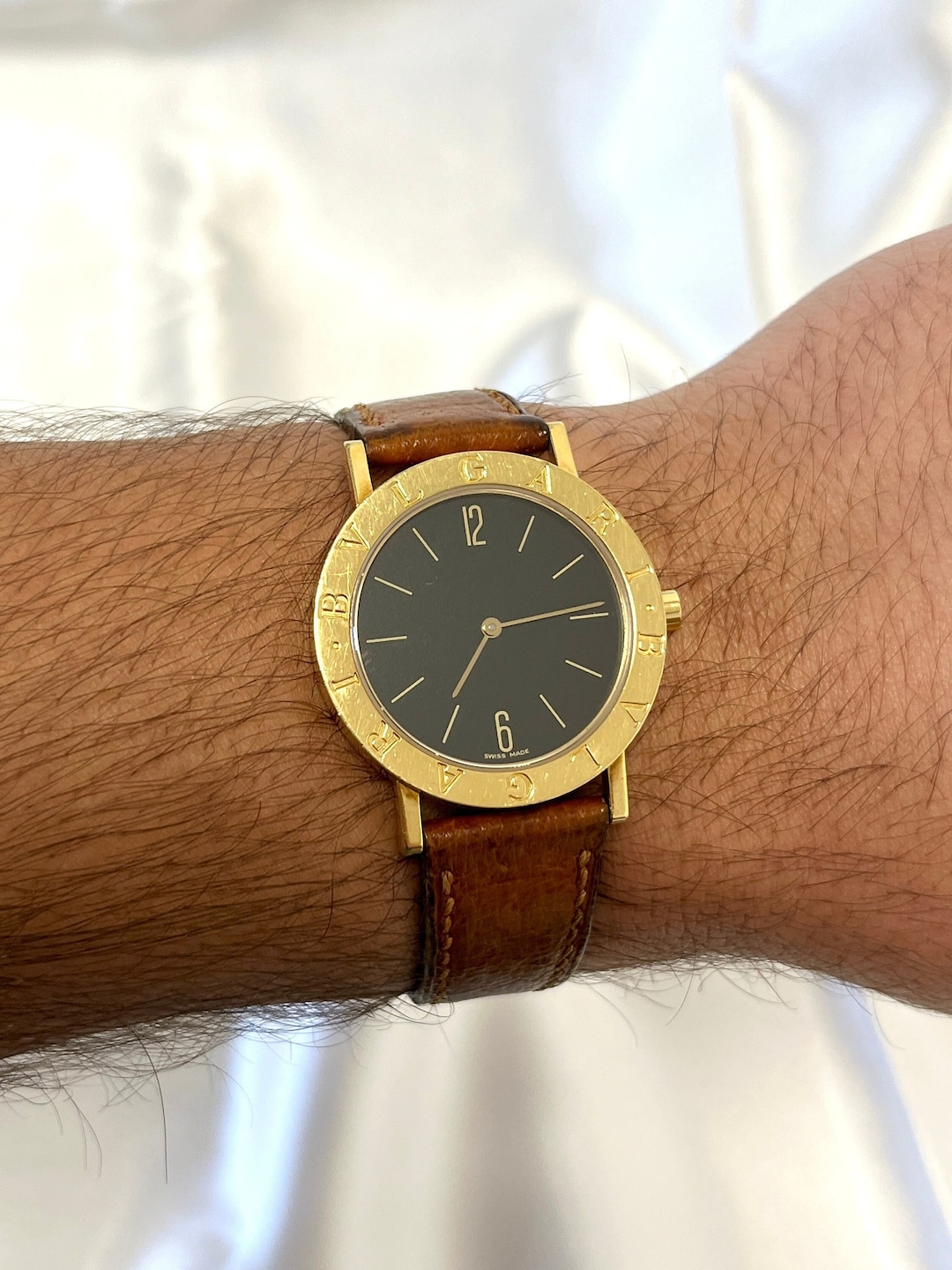 Bulgari Mens 33mm Round Watch in 18K Gold With Brown Leather Strap Bvlgari Vintage Mens Watch Ref. BB30 GI in 18K Yellow Gold Etsy