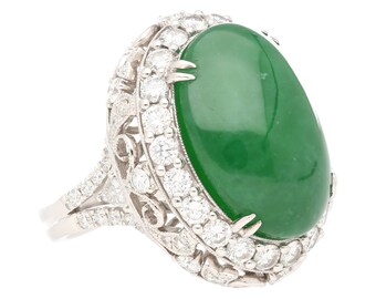 Vintage 24.04 Carat Oval Cabochon Natural Jade and Round Cut Diamond Halo in 18K White Gold Floral Pattern Ring