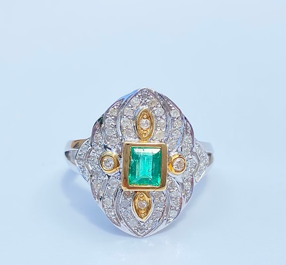 Art Deco Emerald / Diamond Statement Ring, Vintag… - image 6