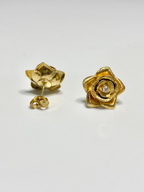 14k Solid Gold Flower and diamond Stud Earrings, … - image 4