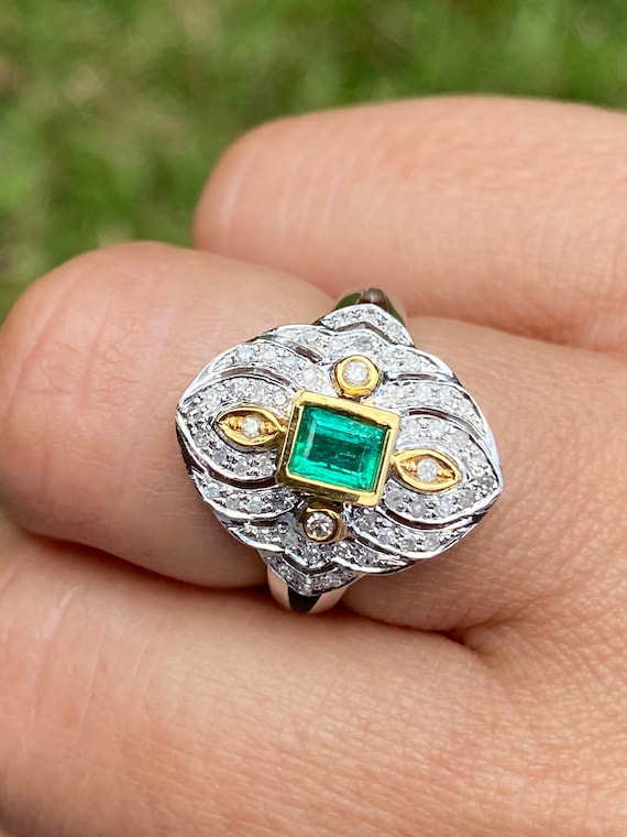 Art Deco Emerald / Diamond Statement Ring, Vintag… - image 2