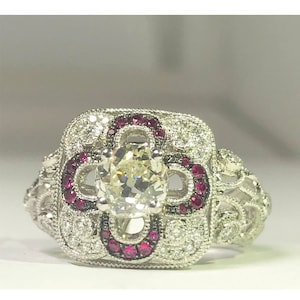 Retro Old-European Cut 1.03 Carat Antique Diamond and Ruby Ring / Art Deco Vintage Ruby Diamond Ring / July Birthstone / Old Cut Damond