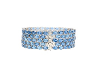 53 Carat Oval Cut Aquamarine and Diamond Multi Row Tennis Bracelet, 18K White Gold Blue Aquamarine and Diamond Wide 5-Row Bracelet