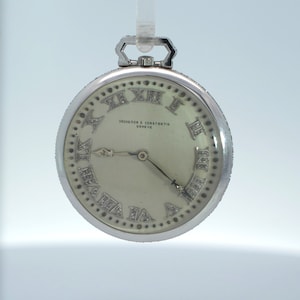 May include: A silver pocket watch with a white face and diamond Roman numeral hour markers. The watch face also has the text "VACHERON & CONSTANTIN GENEVE".
