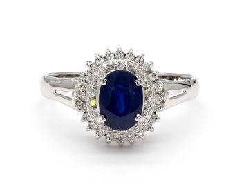Natural 1.25 Carat Oval Cut Blue Sapphire and Diamond Platinum Double Halo Ballerina Ring