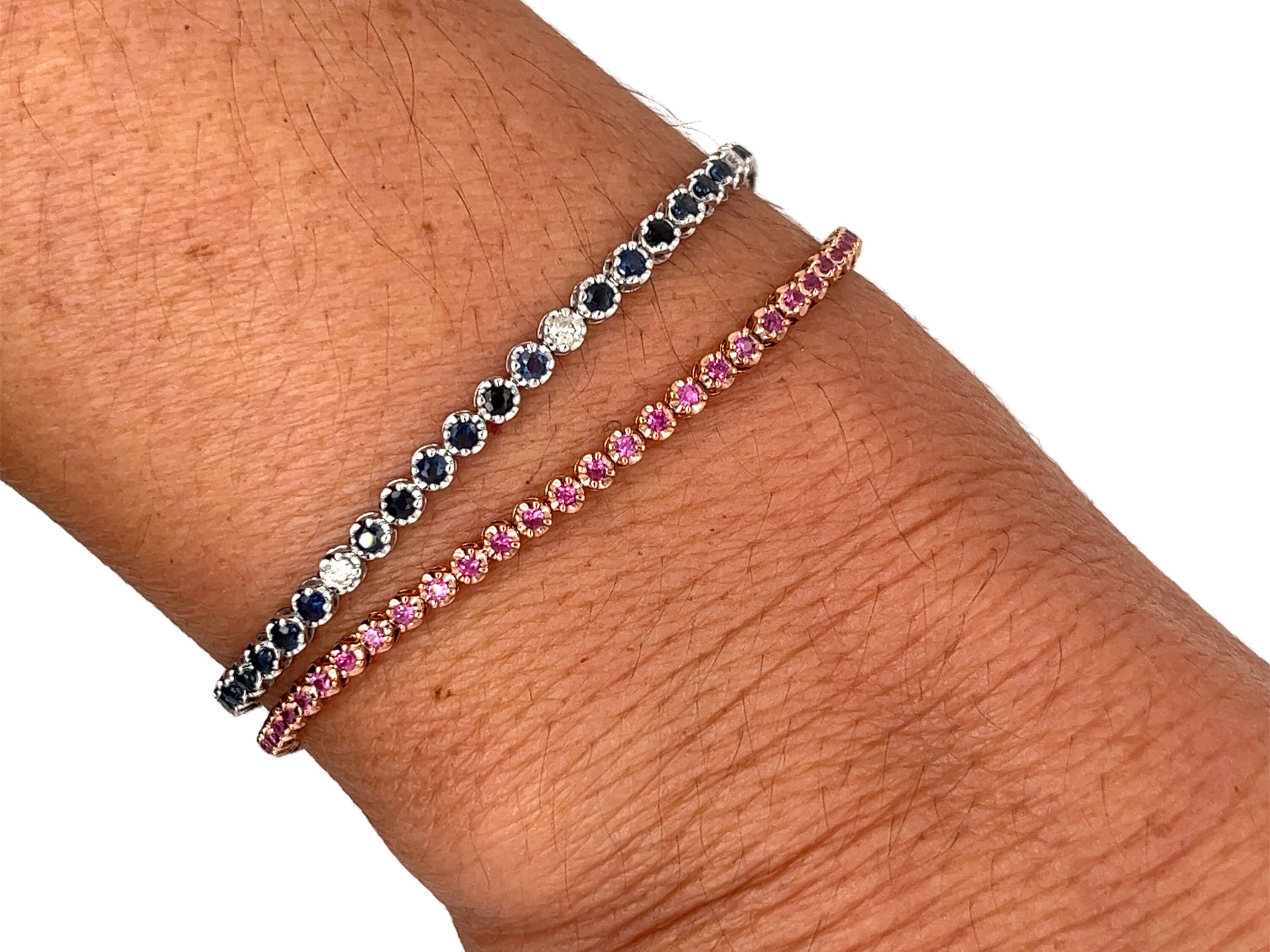 ★rosemont★ 14K Sapphire Chain Bracelet Pins RB0002 Natural Round Blue Sapphire Chain Bracelet With 14k Yellow