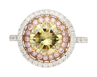 GIA Certified 2.30 Carat Round Cut Fancy Brownish Greenish Yellow Diamond With Pink and White Diamond Double Halo in 18K White Gold