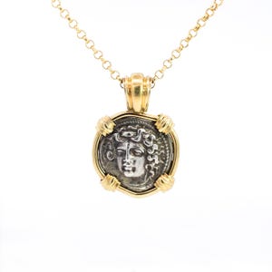 Antique Larissa Greek Coin in 18K Yellow Gold Frame Pendant Necklace
