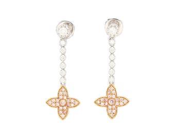 Natürliche 0,84 ct Pink & White Diamant Blumenohrringe in 18k Weiß und Roségold / Florale baumelnde Tropfenohrringe in 18K Gold