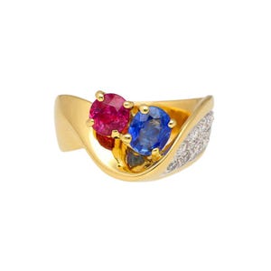 1.5 Carat Sapphire & Ruby with Natural Diamond in 18K Yellow Gold Crossover Statement Ring in Size 6