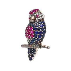 3.14 Carat Pink and Blue Sapphire and 0.27 Carat Diamond 18K White Gold Parrot Brooch Pin Vintage
