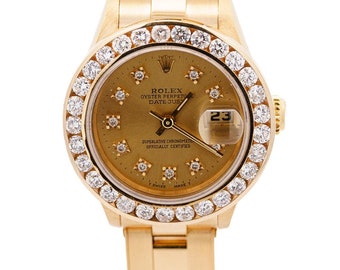 Vintage 18K Gold Rolex DateJust with Diamond Bezel & Diamond Dial Ladies Watch With Vintage Oyster Bracelet