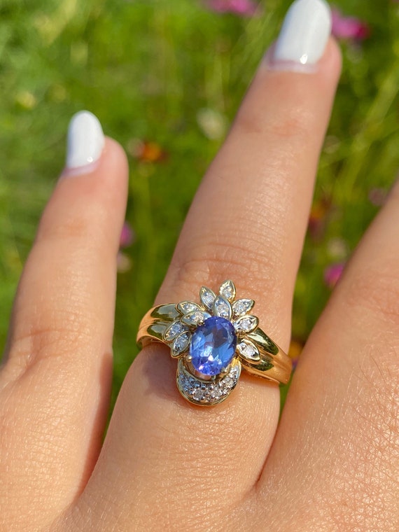 Unique Blue Dominant Tanzanite Ring in 14k Yellow Gold and Natural