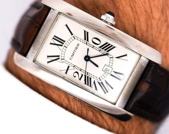 Vintage Cartier Tank Americaine 1741 18K White Gold Automatic 26mm Leather Unisex Watch Special 20 year Service Edition