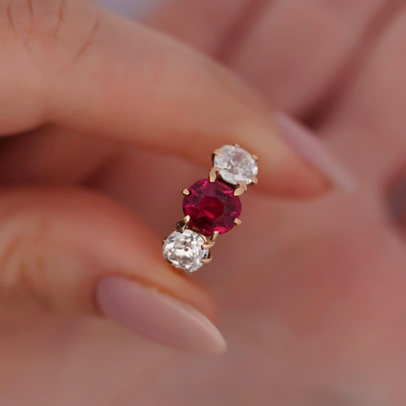 Antique 4 CTTW Red Spinel and Old Mine Diamond Th… - image 1