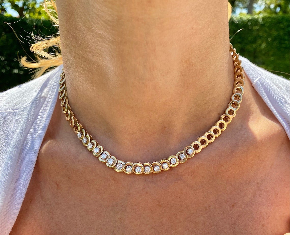 14k Solid Gold Choker 16 Inch Necklace Natural Diamond 14k Etsy