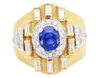 Vintage AGL Certified 4.57 Carat Blue Sapphire and Baguette Diamond Mens Ring in 14K Yellow Gold Matte Finish | No Heat Ceylon Blue Sapphire