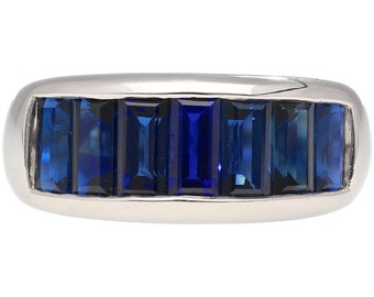 18K Solid White Gold Channel Set Baguette Cut Blue Sapphire Ring, Natural Blue Sapphire Tension Channel Set Single Row Band Ring in 18k