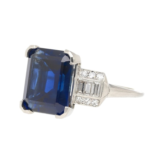 Vintage Art Deco 6.80 Carat Emerald Cut No Heat Blue Sapphire and Diamond Platinum Ring | AGL Certified Blue Sapphire Estate Platinum Ring