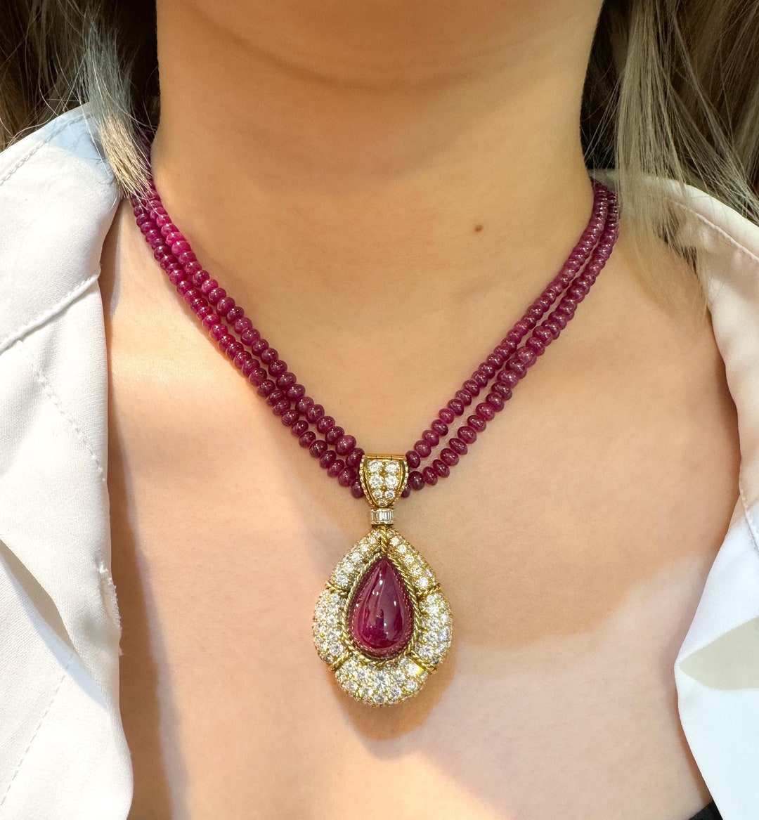 Buy Carat Cabochon Cut Ruby and Diamond Pendant With Ruby Bead  Necklace in 18K Gold Online in India - Main Image