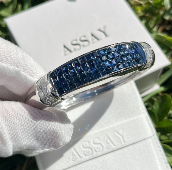 7 5/8 ctw Multi-Shape Lab Grown Diamond Rollover Flexible Bangle Bracelet  with Fancy Blue Side Stones - 7 Inches - Grownbrilliance
