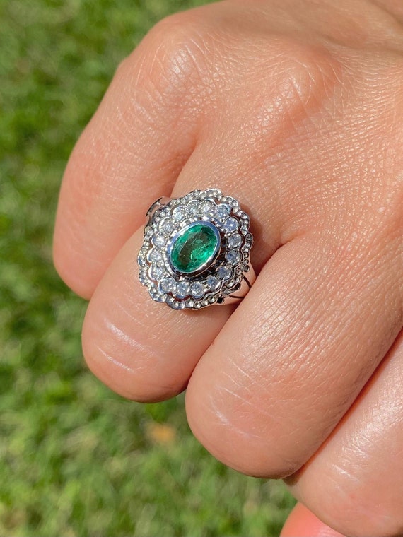 Art Deco Natural Emerald ring, Vintage Natural Emerald Ring, 14k White Gold Floral Art Deco Emerald Ring, Oval Cut natural Colombian Emerald