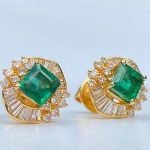 Kolumbianische Smaragdohrringe aus 585er Gelbgold, Natürlicher Smaragd Art-Deco-Ohrring, Art-Deco-Smaragdohrringe, Vintage-Smaragdohrringe