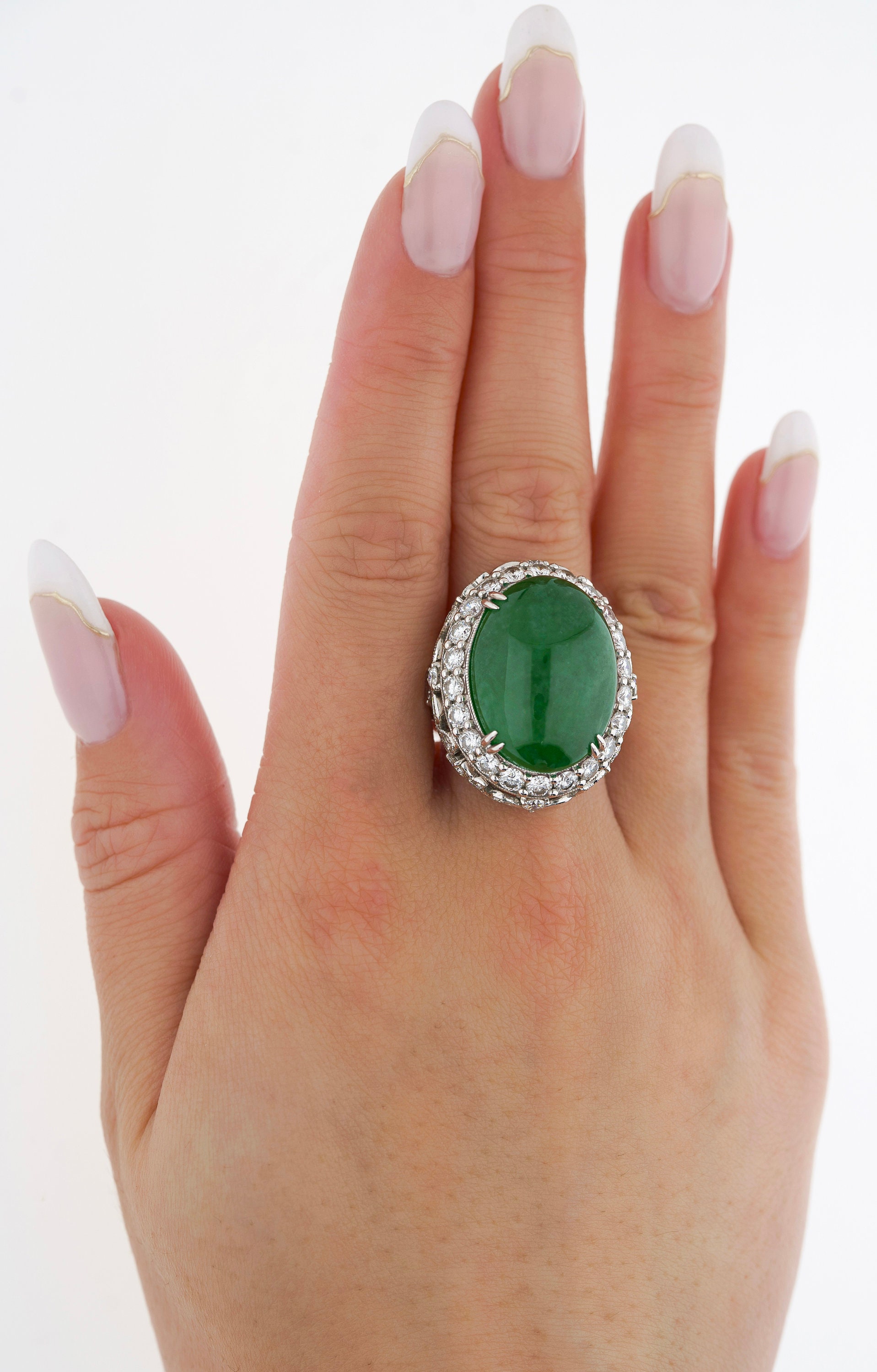 Vintage 24.04 Carat Oval Cabochon Natural Jade and Round Cut