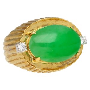 9.40 Carat Grade A Fei Cui Jadeite Jade and Diamond Ring in Textured 18K Gold / East West Type A Jade Ring in Vintage Setting
