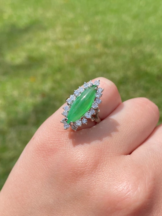 3 Carat Marquise Jade and Diamond Ring / Green Ja… - image 9