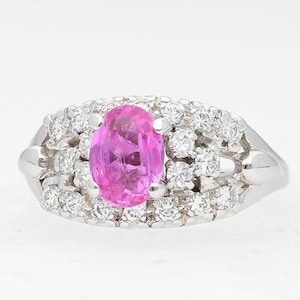 Pink Sapphire Engagement Ring, 1.40 Carat Oval Sapphire Ring, Pink Sapphire ring in 14k White Gold, Art Deco pink Gemstone Ring