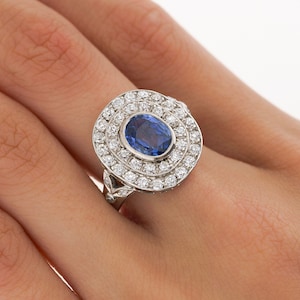 GRS Certified 2.56 Carat No Heat Kashmir Blue Sapphire in Vintage Platinum Double Diamond Halo Ring | 2.5CT Oval Cut Untreated Blue Sapphire