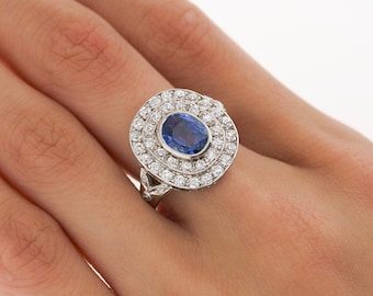 GRS Certified 2.56 Carat No Heat Kashmir Blue Sapphire in Vintage Platinum Double Diamond Halo Ring | 2.5CT Oval Cut Untreated Blue Sapphire