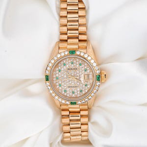 Rolex President Datejust 26mm 18k Gold Emerald & Diamond Ladies Watch / Vintage Rolex Ladies Datejust 18k on President Bracelet