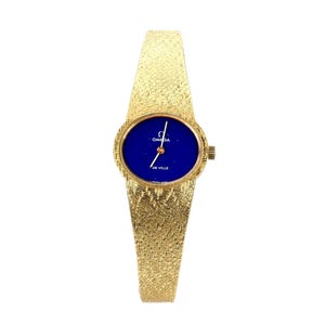 Vintage Omega De Ville Manual Wind 18K Gold Watch with Lapis Lazuli Dial and Gold Bracelet Watch
