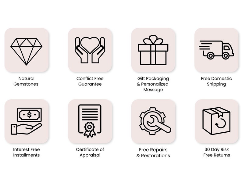 May include: A graphic illustration of ten benefits of buying jewelry from a reputable seller. The benefits include natural gemstones, conflict-free guarantee, gift packaging, free domestic shipping, interest-free installments, certificate of appraisal, free repairs, and 30-day risk-free returns.