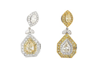 EGL Certified Multi Cut White and Yellow Diamond Inverse Dangle-Drop Earrings / Two Tone Gold / 18k White Yellow Gold