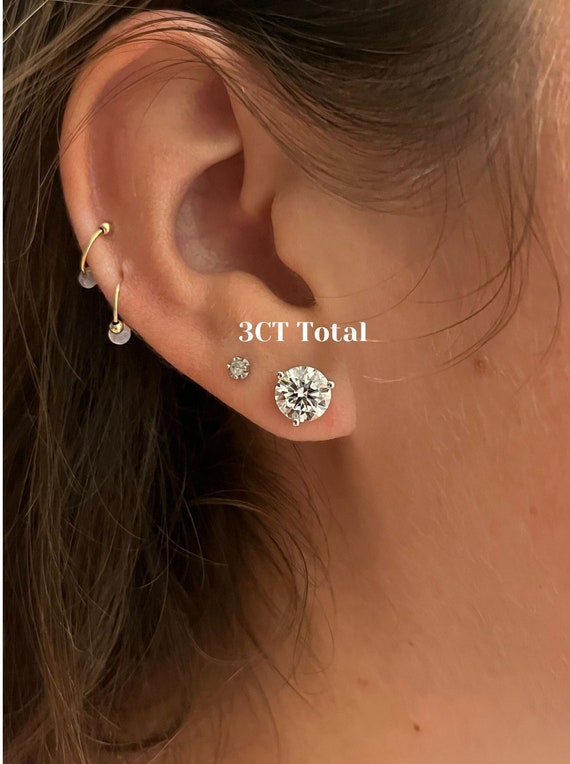 3 Carat Round Cut Diamond Stud Earrings in 14K White Gold 3 prong
