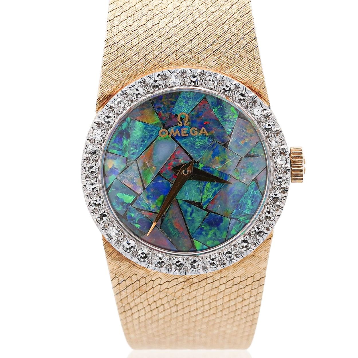 Omega 23mm Fire Black Opal Dial & Diamond Bezel in 14K Yellow Gold Vintage Watch 7 inch