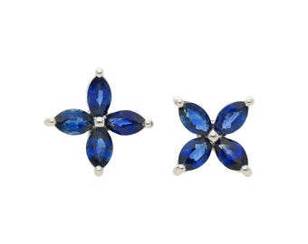 Natürliche 2.50 Karat Marquise Schliff Blauer Saphir Blume Ohrstecker in 18K Weißgold