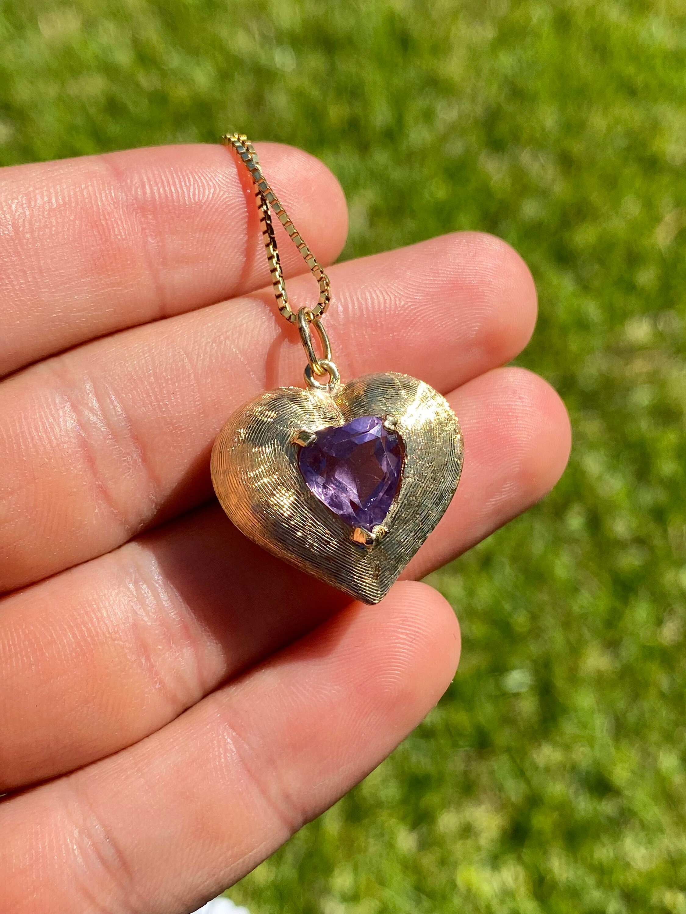 Korean 14K Rose Gold Plated Amethyst Heart Pendant Necklace | Sterling Silver Base
