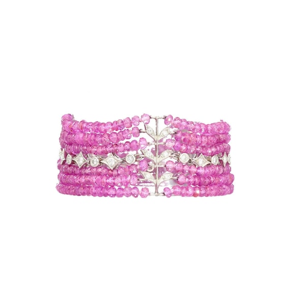 Platinum Diamond & Pink Sapphire Beaded Stretch B… - image 1