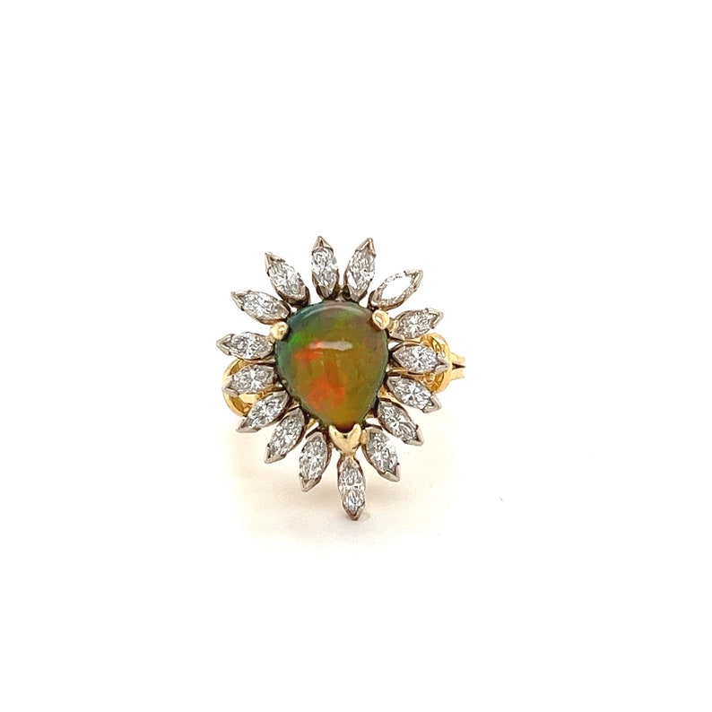 Natural Opal and Marquise Diamond Ring, Pear Shape Opal with Marquise Cut Diamonds, Natural Opal With Diamond Halo image 1