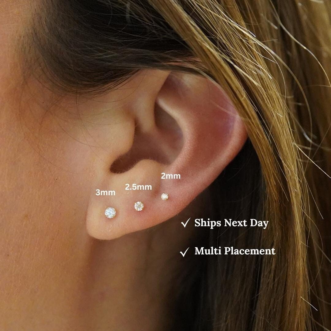 2mm Tiny Lab Diamond in 14K Solid Yellow Gold Flat Screw Back Martini Single Stud Earring - Hypoallergenic Daily Multi Placement Stud