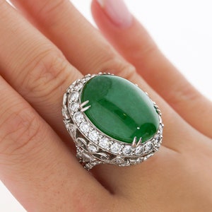 Vintage 24.04 Carat Oval Cabochon Natural Jade and Round Cut Diamond Halo in 18K White Gold Floral Pattern Ring
