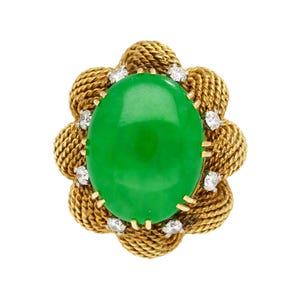 Vintage French Make 13.32 Carat Type A Jadeite Jade Curved Gold Wire Floral Ring Green Jade Jewelry Natural Jadeite Ring