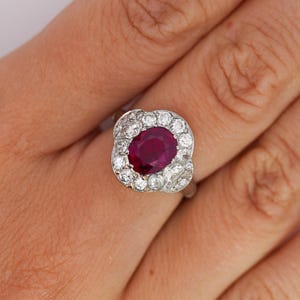 Vintage GIA Certified 2.3 Carat Oval Cut No Heat Burma Ruby and Old Cut Diamond Halo Platinum Estate Ring