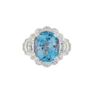 GIA Certified Oval Cut 9.5 Carat Natural Aquamarine Vintage Retro Ring With Diamond Side Stones, 18K White Gold Aquamarine Oval Cut Ring